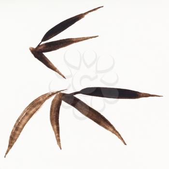 hand painting in sumi-e style on cream paper - bamboo twigs with leaves drawn by brown watercolors