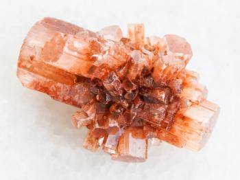 macro shooting of natural mineral rock specimen - crystal of Aragonite gemstone on white marble background from Tazouta, Morocco