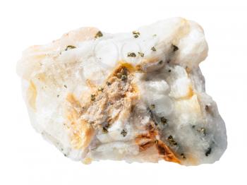 macro shooting of natural mineral stone - specimen of quartz rock with native gold pieces isolated on white background