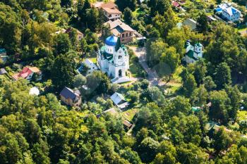 above view of new stone The Church of the Life-Giving (Holy) Trinity in Troitsky village in Istrinsky district of Moscow Region in summer day