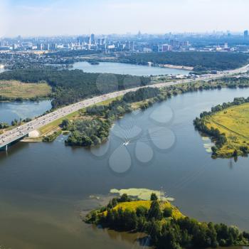 above view of Pavshinsky Floodplain of Moskva river with Novorizhskoye Shosse of Russian route M9 Baltic Highway to Moscow city