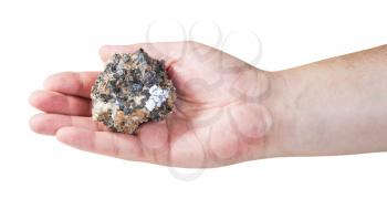 specimen of zinc and lead mineral ore (sphalerite with galena) on male palm isolated on white background