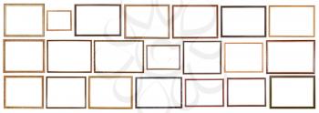 set of vintage narrow wooden picture frames with cut out canvas isolated on white background