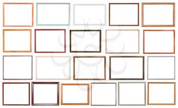 set of modern wooden picture frames with cut out canvas isolated on white background