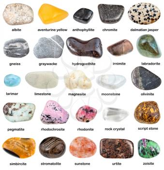 collection of natural mineral gemstones with name (albite, pegmatite, urtite, olivinite, chromite, irnimite, stromatolite,sunstone, rhodochrosite, simbircite, hydrogoethite, ect) isolated on white