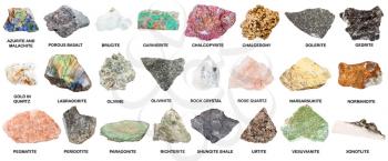 collection of natural mineral specimens with name (paragonite, pegmatite, peridotite, richterite, urtite, gedrite, xonotlite, normandite, brucite, narsarsukite, garnierite, etc) isolated on white