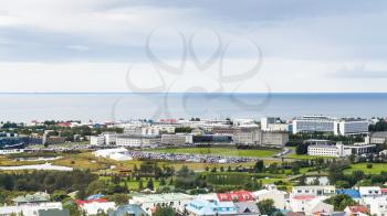 travel to Iceland - panoramic view of Reykjavik city and Atlantic ocean from Hallgrimskirkja church in september