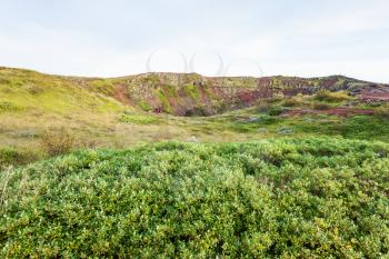 travel to Iceland - green vegetation near volocanic crater with Kerid lake in september