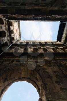 travel to Germany - bottom view of ancient roman city gate Porta Nigra (Black Gate) in Trier town