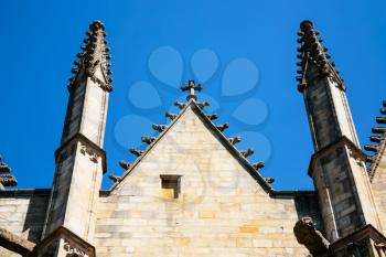 travel to France - wall with towers of church Notre-Dame in Vitre town in Ille-et-Vilaine department of Brittany in sunny summer day
