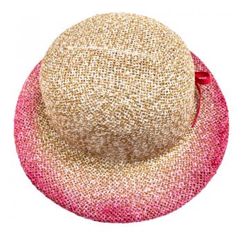 above view of straw hat with pink colored narrow brim isolated on white background