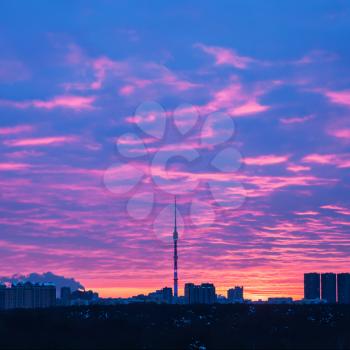Moscow skyline with TV Tower at spring sunrise