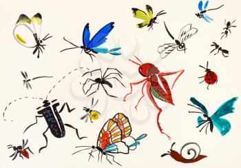 training drawing in suibokuga sumi-e style with watercolor paints - various insects hand painted on cream colored paper