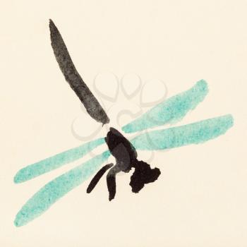 training drawing in suibokuga sumi-e style with watercolor paints - dragonfly with green wings hand painted on cream colored paper