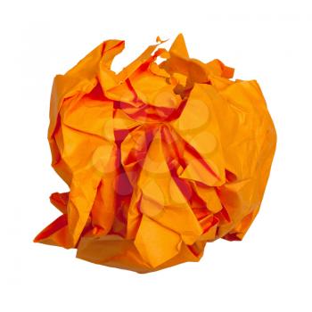 crumpled ball from orange paper isolated on white background