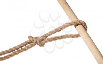 slipped overhand knot tied on thick jute rope isolated on white background