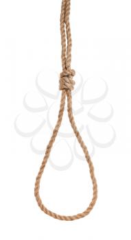 another side of slip noose with scaffold knot tied on thick jute rope isolated on white background