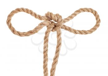 tom fool's knot tied on thick jute rope isolated on white background