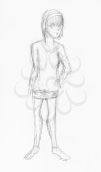 sketch of girl in short sport suit hand-drawn by black pencil on white paper