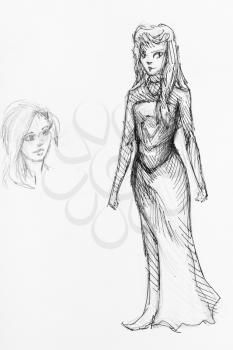 sketch of girl in elf cosplay suit and his head hand-drawn by black pencil and ink on white background