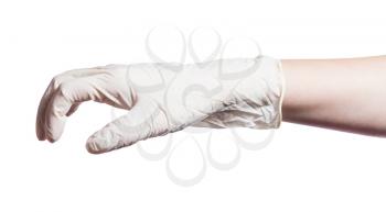 side view of relaxed hand in latex glove isolated on white background