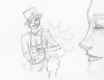sketch of sly illusionist in top hat hand-drawn by black pencil on white paper