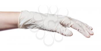 side view of relaxed palm in latex glove isolated on white background