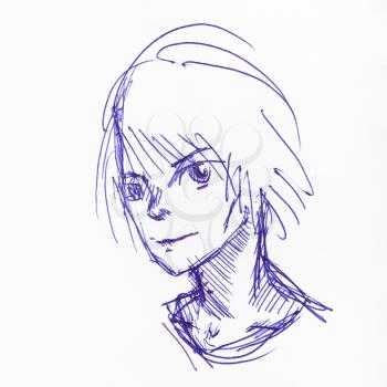 sketch of teenager in anime style hand-drawn by blue ink on white paper