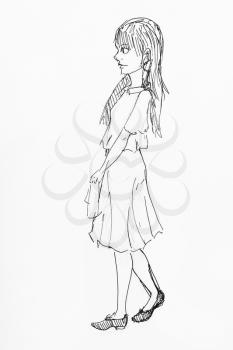 sketch of girl in strict dress hand-drawn by black ink on white paper