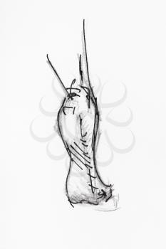 sketch of back side of foot is on toe hand-drawn by black pencil and ink on white paper