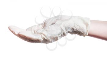 empty handful in palm in latex glove isolated on white background