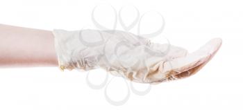 side view of empty handful in hand in latex glove isolated on white background
