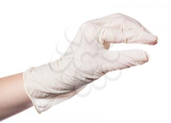 female hand in latex glove shows little size isolated on white background