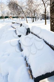 snow-covered benches in public garden in Moscow city in sunny winter day