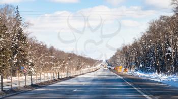 panoramic view of M1 highway (Russian route M1, Belarus Highway, European route E30) in Smolensk oblast of Russia in winter day