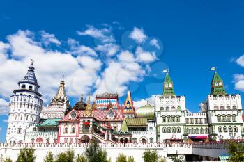 view of Kremlin in Izmaylovo in Moscow city under blue sky in sunny summer day