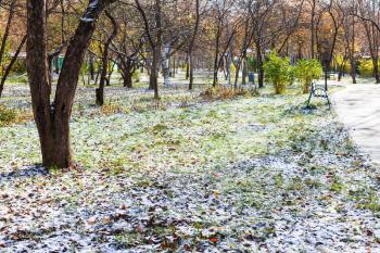 landscape of urban park covered with the first snow in frosty autumn day