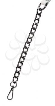 black chain with carabiner on the end of leather belt isolated on white background