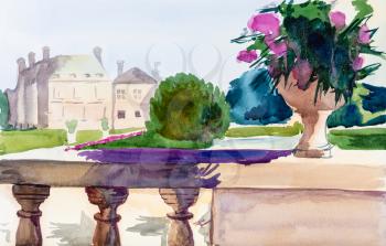 view of Jardin du Luxembourg (Luxembourg Gardens) in Paris on sunny day hand painted by watercolour paints on white textured paper