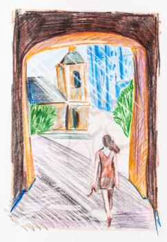 sketch of young woman goes to town through passage in city wall in summer hand-drawn by color pencils on white paper