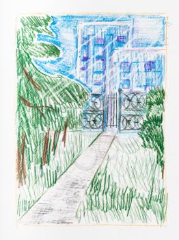 sketch of view of apartment houses from city par in summer evening hand-drawn by color pencils on white paper