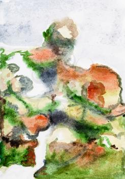 abstract painting - path on mountainside overgrown with moss and heather in natural reserve on Pink granite coast in Brittany hand painted by watercolour paints on white textured paper
