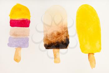three various popsicles on sticks hand painted by watercolour paints on creamy textured paper