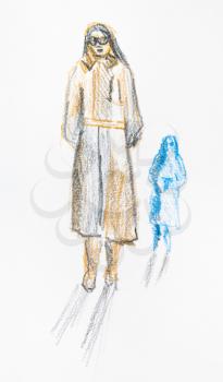 sketch of woman in coat and glasses hand-drawn by color pencils on white paper