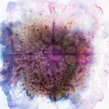 abstract monotype with salt spots handpainted by purple and violet watercolours on white textured paper