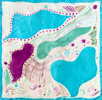 textile background - blue, green and purple handpainted silk scarf with abstract pattern