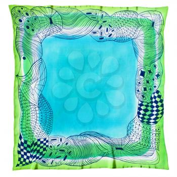 blue and green handpainted silk scarf with abstract pattern isolated on white background