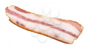 single slice of smoked Salo (pork fatback) with meat layers isolated on white background
