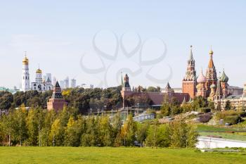 view of Kremlin from Zaryadye landscape urban public park on sunny autumn day
