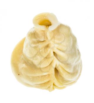 single cooked Mongolian dumpling Buuz filled with minced mutton meat isolated on white background